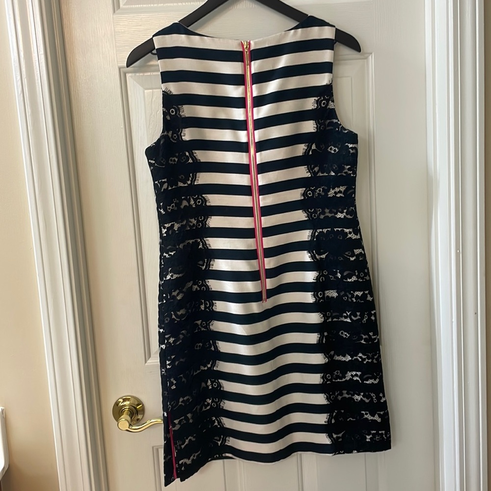 Eliza J Striped Dress with Lace Sides and Pink Zipper